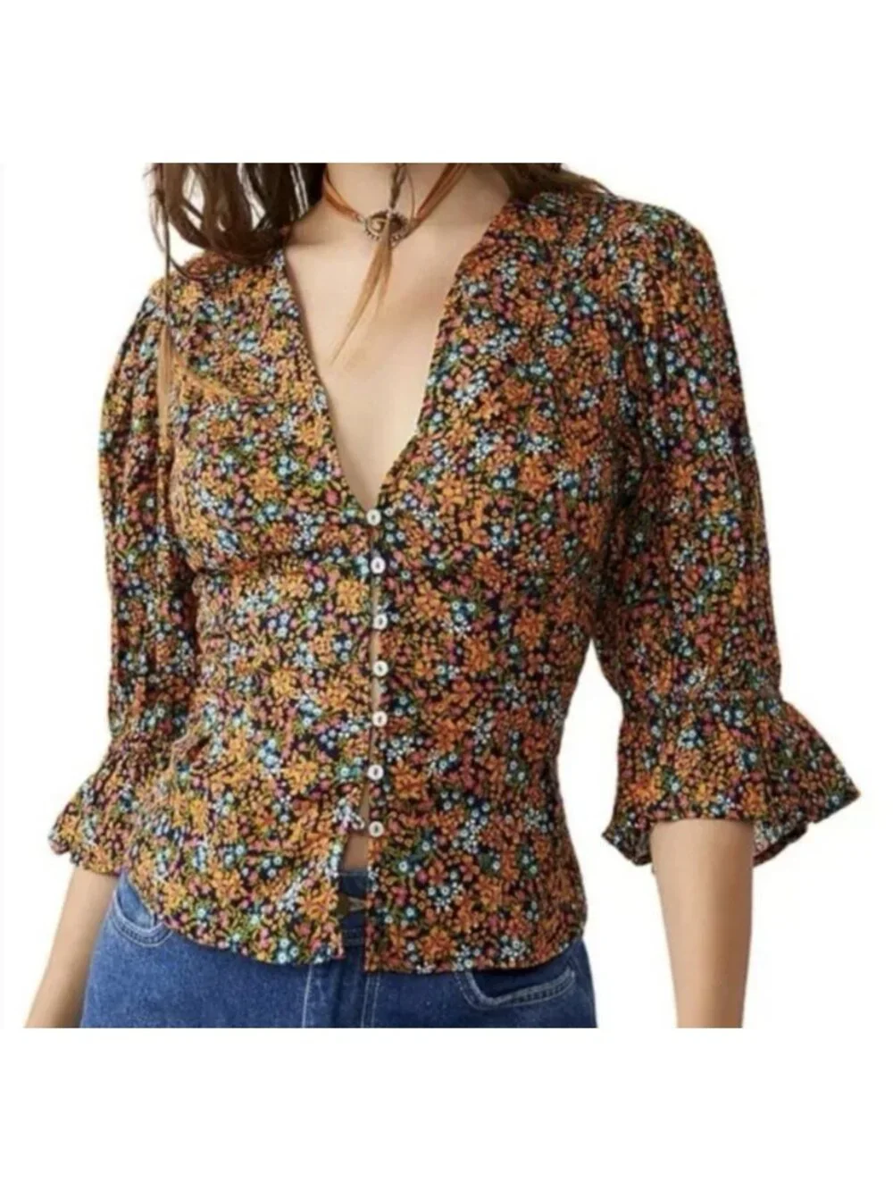Free People Blouse I Found You Floral Mustard Navy Print w/ Puff Sleeves Medium